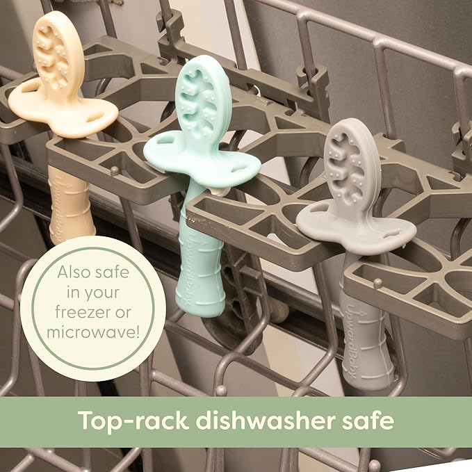 UpwardBaby Silicone Baby Spoons - 3-Pack, Mint/Beige/Grey - Self Feeding 6-12 Months with Anti-Choke Barrier & Textured Grippy Tips - Baby LED Weaning Utensils & Infant Feeding Spoons