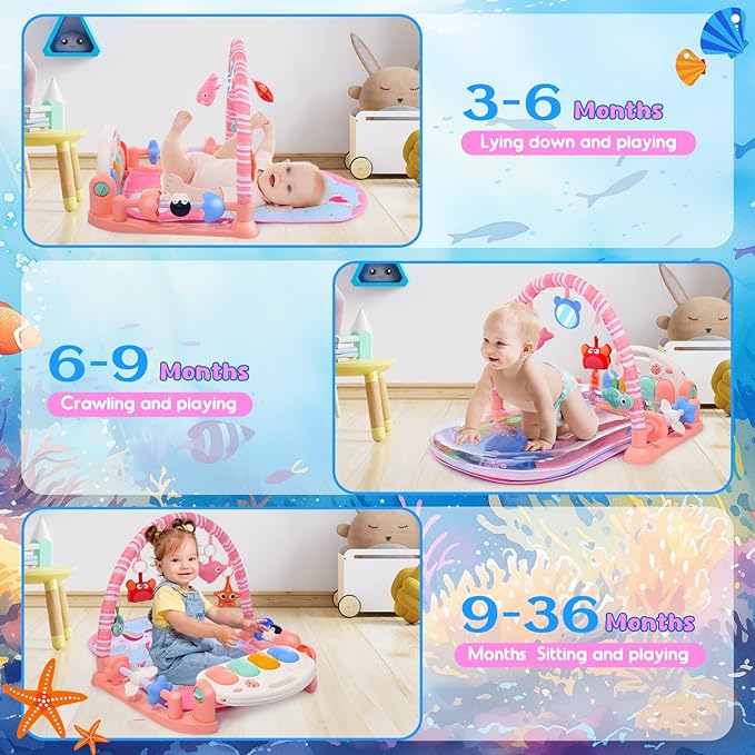 Baby Gyms Play Mats with Tummy Time Water Mat, Activity Mat Play Piano Gym with 5 Sensory Toys for Babies, Music and Lights Boy & Girl Gifts for Infant Newborn Babies 0-3 4-6 6-9 6-12 Months