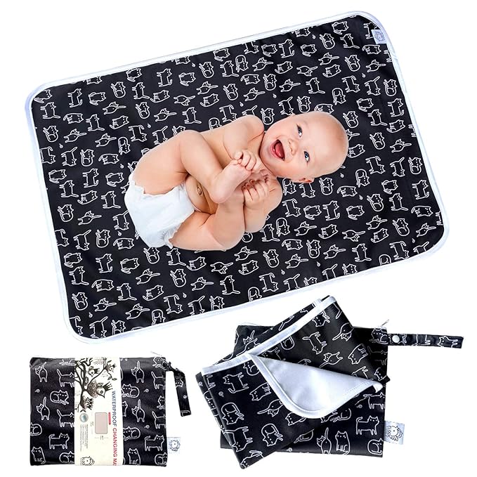 Flockthree Waterproof Baby Diaper Changing Pad with Storage Bag (28.7" X 19.7") Washable Wipeable Reusable Leak Proof Diaper Travel Mat Station Changing Mattress Liner Cribs Bed Cover, Cats