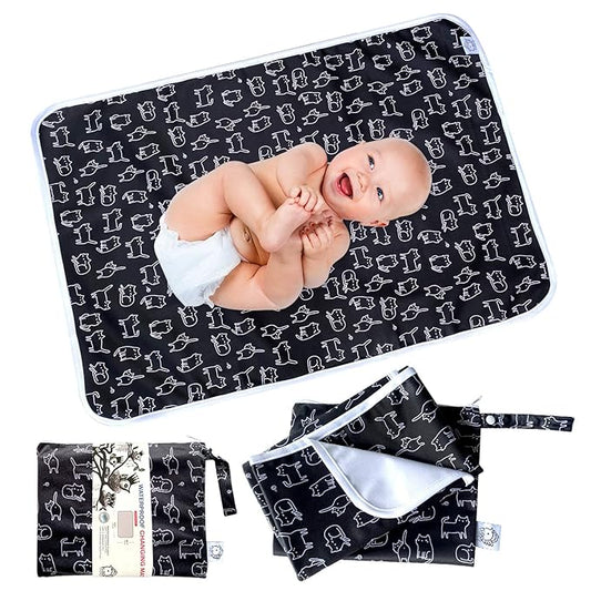 Flockthree Waterproof Baby Diaper Changing Pad with Storage Bag (28.7" X 19.7") Washable Wipeable Reusable Leak Proof Diaper Travel Mat Station Changing Mattress Liner Cribs Bed Cover, Cats