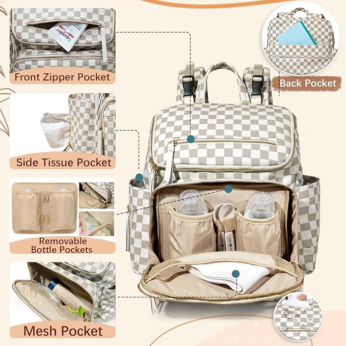 Checkered Diaper Bag Backpack Large Baby Diaper Bag Leather with 17 Diaper Bag Organizing Pouches,Changing Pad,Stroller Straps,4 Insulated Pockets,Beige&Honey