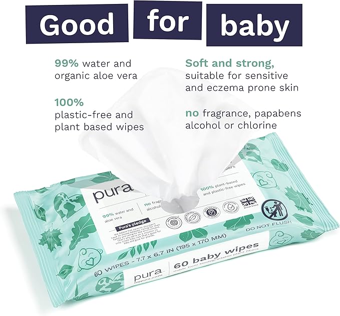 Pura Baby Wipes 12 x 60 Wipes (720 Wipes), 100% Plastic-Free & Plant Based Wipes, 99% Water, Suitable for Sensitive & Eczema-prone Skin, Fragrance Free & Hypoallergenic, EWG, Cruelty Free