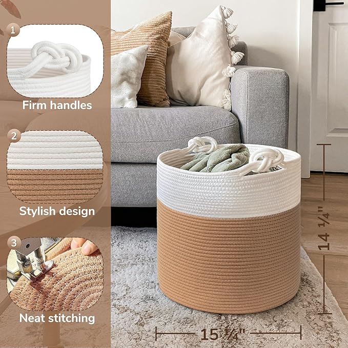 Goodpick Cotton Rope Storage Basket, 15 x 14.2 Inches Jute Woven Basket for Blankets Clothes Organizing, Baby Laundry Baskets Toy Storage With Handle, White Jute