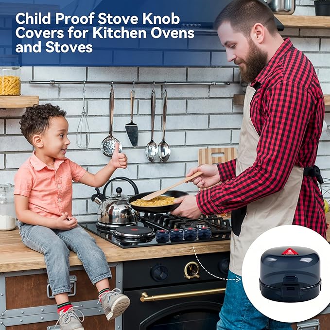 Stove Knob Safety Covers, 5Pcs Universal Size with 5 Heat Alert Stickers Oven Knob Covers for Child Safety, 2nd Gen Kitchen Burner Childproofing, Gas Stove Knob Locks for Kid Baby Pet (Black)