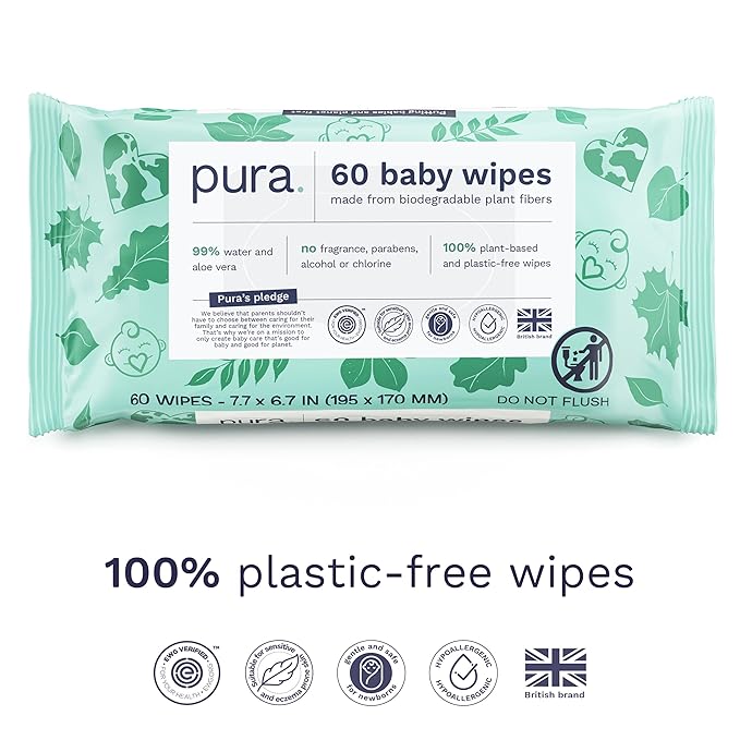 Pura Natural Sensitive Baby Wipes, 99% Water, Unscented & Hypoallergenic, Suitable for Sensitive & Eczema-prone Skin, Hypoallergenic, EWG Verified, 10 Pack of 60 Wet Wipes (600 Diaper Wipes) Bulk Buy