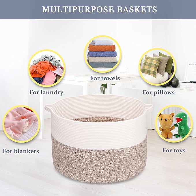 Extra Large Blanket Basket 87L, Laundry Hamper, Baby Nursery Hamper for Storage Toys Clothes Towels, Large Cotton Rope Laundry Basket for Girls Boys, 22”x 14”, White & Brown