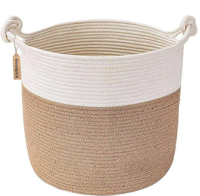 Goodpick Cotton Rope Storage Basket, 15 x 14.2 Inches Jute Woven Basket for Blankets Clothes Organizing, Baby Laundry Baskets Toy Storage With Handle, White Jute