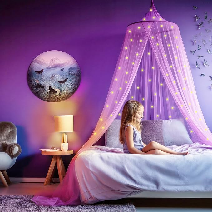 Purple Canopy for Girls Bed with Pre-Glued Glow in The Dark Stars - Princess Mosquito Net Room Decor - Kids & Baby Bedroom Tent with Galaxy Lights - 1 Opening Canopy Bed & Hanging Kit Included