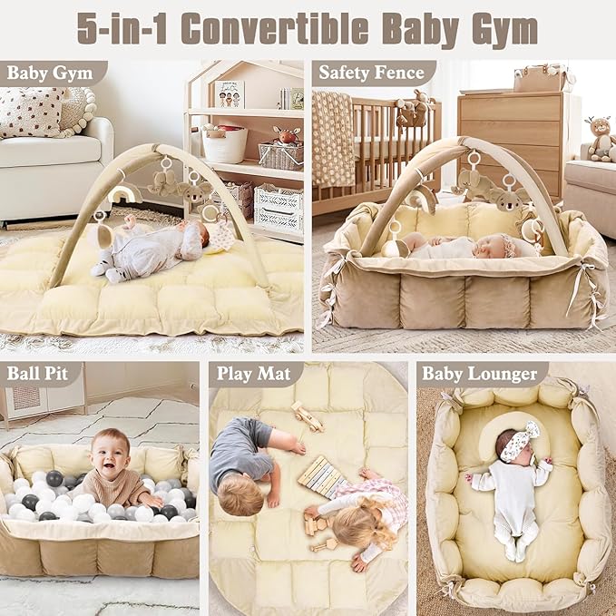 5-in-1 Plush Baby Play Gym, Baby Play Mats, Convertible Baby Gym with Pillow, Tummy time mat, Baby&Ped Bed, 6 Sensory Toys, Baby Activity Center from Newborn to Toddler, Ball Pit, Rectangular Cream