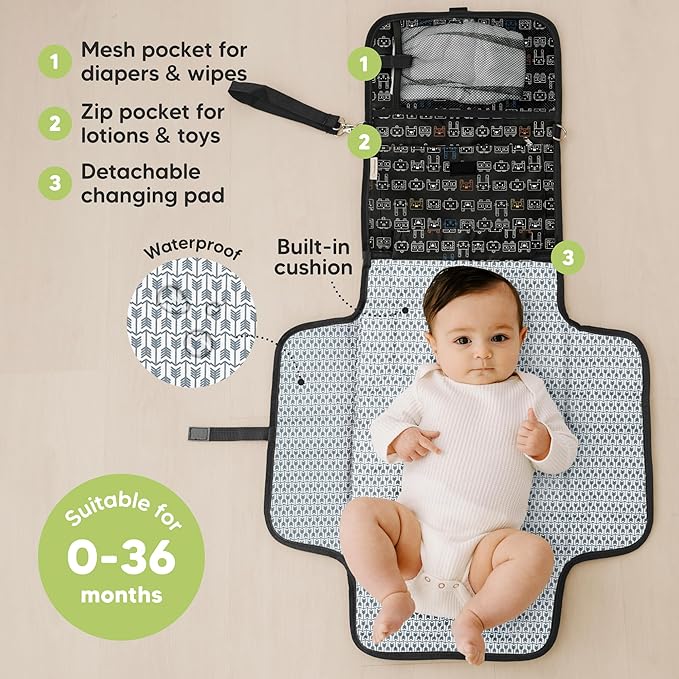 KeaBabies Portable Diaper Changing Pad - Large Waterproof Baby Changing Mat, Compact Travel Diaper Clutch, Functional Pockets Fit Newborn Essentials, Wipeable & Padded Baby Changer (Pixel)