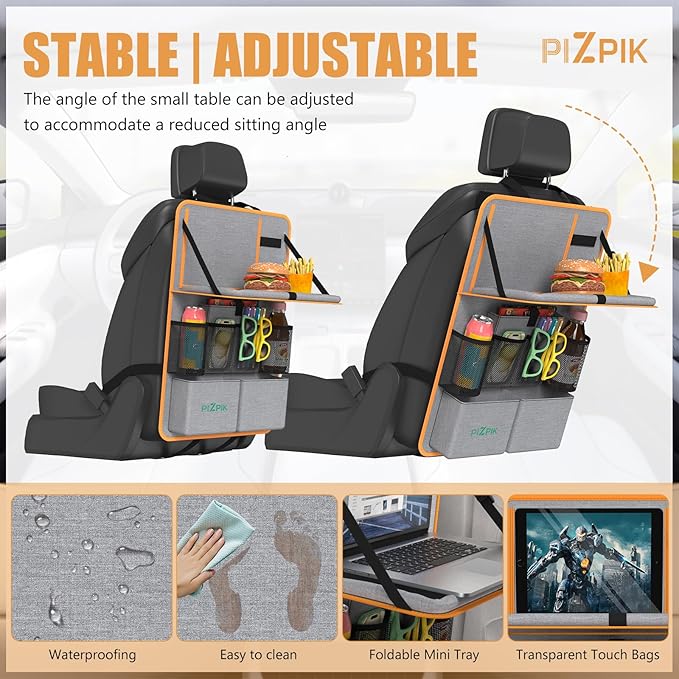 Car Backseat Organizer with Tablet Holder,11 Storage Pockets with Foldable Food Tray, Protector Kick Mats for Kids, Travel Accessories Organizer (Orange, 2Pack)