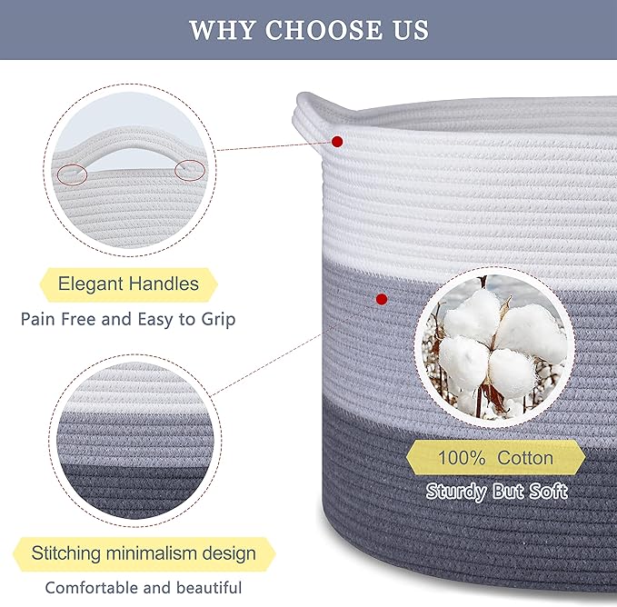 Extra Large Blanket Basket 87L, Laundry Hamper, Baby Nursery Hamper for Storage Toys Clothes Towels, Large Cotton Rope Laundry Basket for Girls Boys, 22”x 14”, White & Gray