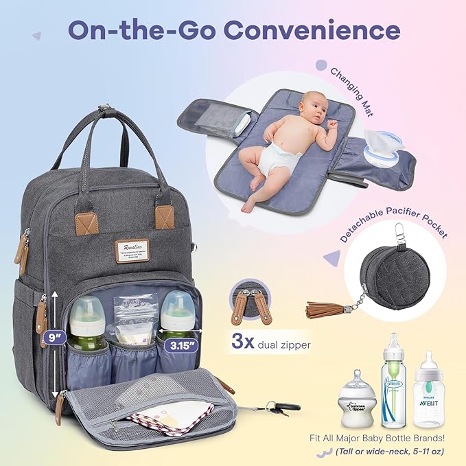 RUVALINO Diaper Bag Backpack, Multifunction Travel Pack Maternity Baby Changing Bags, Large Capacity, Waterproof, Dark Gray