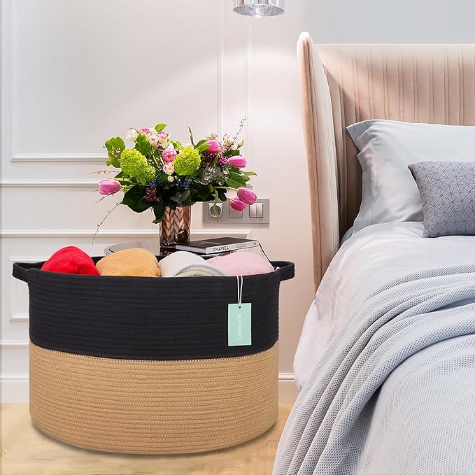 Extra Large Blanket Basket 87L, Laundry Hamper, Baby Nursery Hamper for Storage Toys Clothes Towels, Large Cotton Rope Laundry Basket for Girls Boys, 22”x 14”, Black & Jute