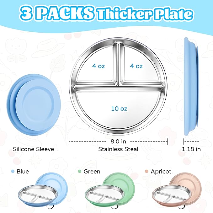 3 Pack Stainless Steel Baby Suction Plates – Divided Toddler Plates for Baby Led Weaning | Strong Non-Slip Silicone Base, Unbreakable, BPA-Free, Dishwasher Safe Feeding Set (Pink, Blue, Green)