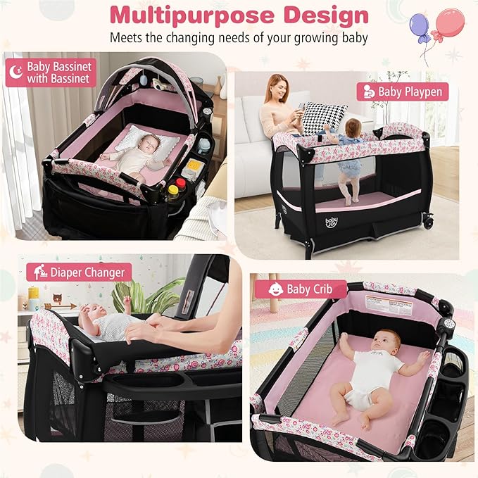 BABY JOY 4 in 1 Pack and Play, Portable Baby Playard with Bassinet & Flip-Away Changing Table, Canopy, Infant Bassinet with Storage Basket, Oxford Bag from Newborn to Toddlers (Pink Flower)