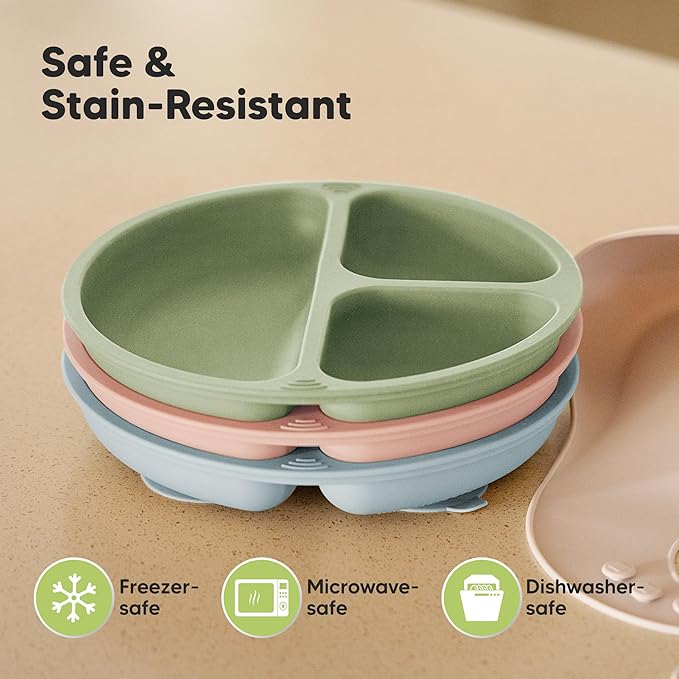 KeaBabies Suction Plates for Baby, Toddler - 3-Pack 100% Silicone Toddler Plates with Suction, Divided, BPA-Free Baby Led Weaning Essentials for Kids, Dishwasher, Microwave Safe, Durable (Mellow)
