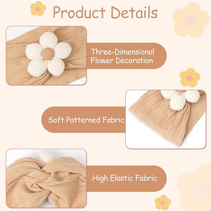 CÉLLOT 3 Pcs Baby Flower Headbands Baby Girls Nylon Headbands Soft Stretchy Headwear Hair Accessories for Newborn Infant Toddler Kids (Beige Ginger Khaki)
