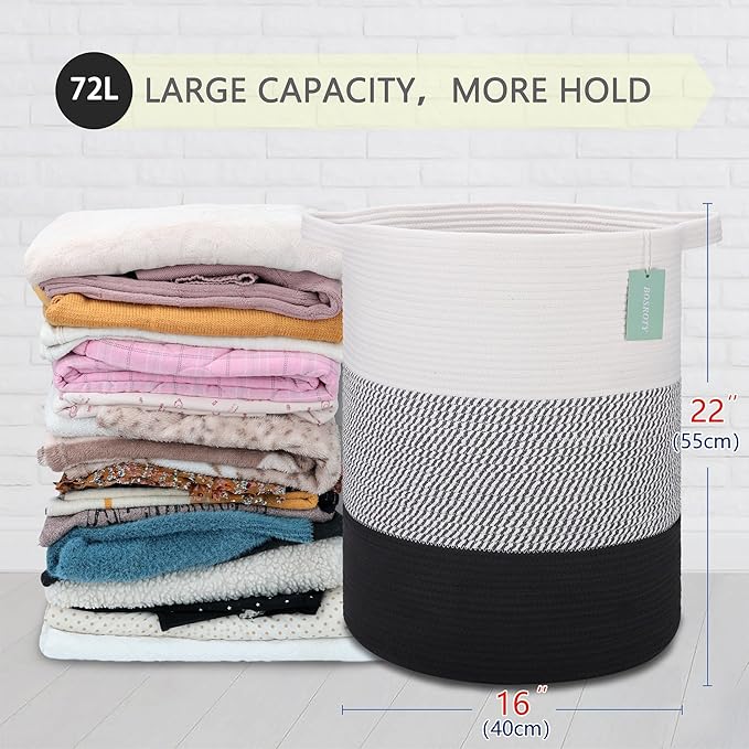 ﻿BOSROTY Large Laundry Hamper for Girls Boys Kids 72L, Nursery Hamper, Tall Laundry Basket, Cotton Rope Woven Blanket Basket for Storage Toys Clothes Towels, 16”x 22”, White & Gray & Black