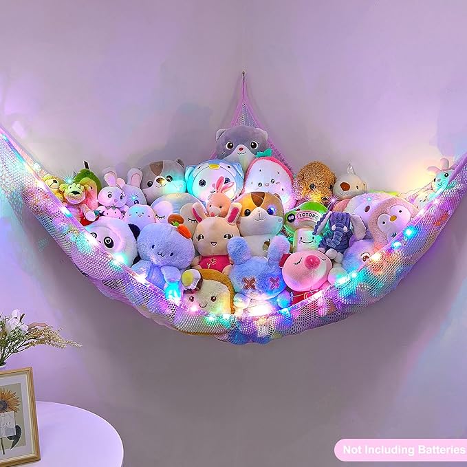 Unicorn Castle Stuffed Animals Net or Hammock Kids Toy Storage Organizer with LED Light Hanging Corner Stuffed Animals Holder Kids Girls Room Decor (Pack of 1)