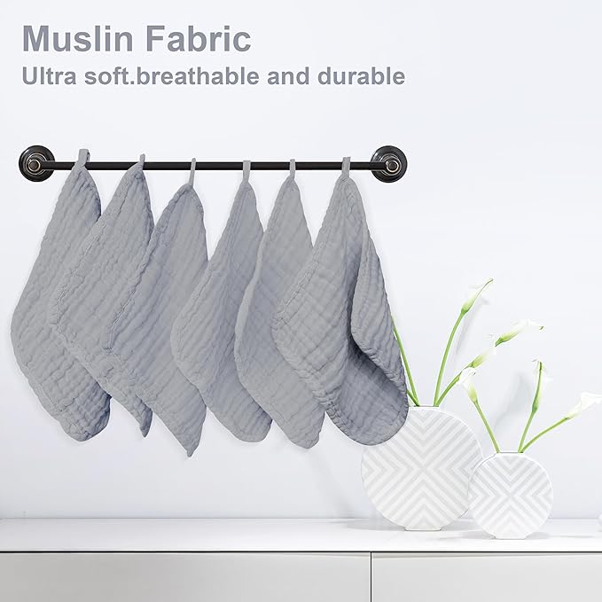 SWEET DOLPHIN 12 Pack Baby Muslin Washcloths - Soft Face Cloths for Newborn, Absorbent Bath Wash Cloths, Wipes, Burp Rag - Toddlers Essentials Stuff, Baby Registry as Shower -10"x10", Grey