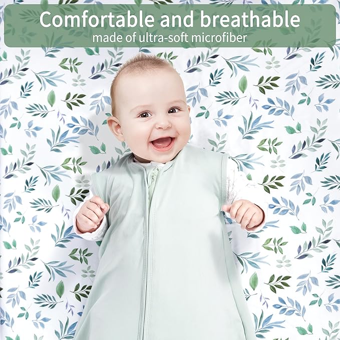 Pack and Play Sheets Fitted, 2 Pack Pack n Play Sheets for Graco Pack n Play Mattress, Unisex Playard Sheets for Boys Girls(Leaf & Green, 38 X 26 Inch)