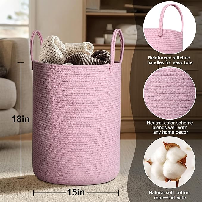 Large Pink Laundry Basket, 15"x18" Tall Blanket Storage for Living Room, Woven Cotton Rope Laundry Hamper for Girls Baby, Pink Room Decor Aesthetic, Decorative Clothes Hamper for Towels Toys