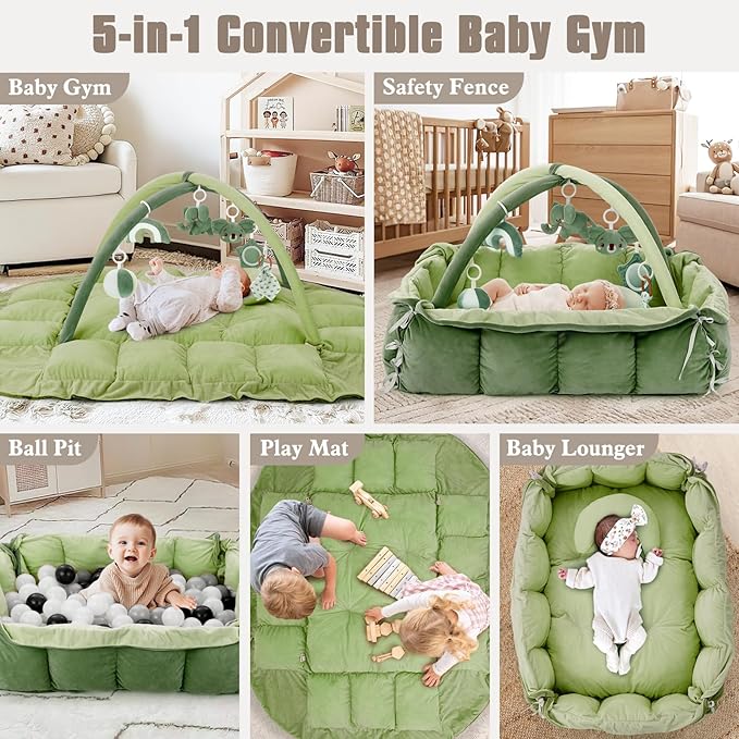 5-in-1 Plush Baby Play Gym, Baby Play Mats, Convertible Baby Gym with Pillow, Tummy time mat, 6 Sensory Toys, Baby Activity Center from Newborn to Toddler, Pet Bed, Cat & Dog Bed, Ball Pit, Green