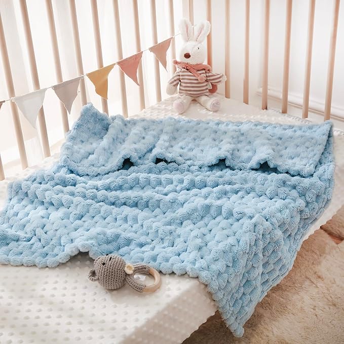 HOMRITAR Baby Blanket for Boys or Girls 3D Jacquard Fluffy Fuzzy Soft Warm Cozy Flannel Fleece Warm Blanket for Nursery, Stroller Toddler Bedding (30 x 40 Inch, Blue)