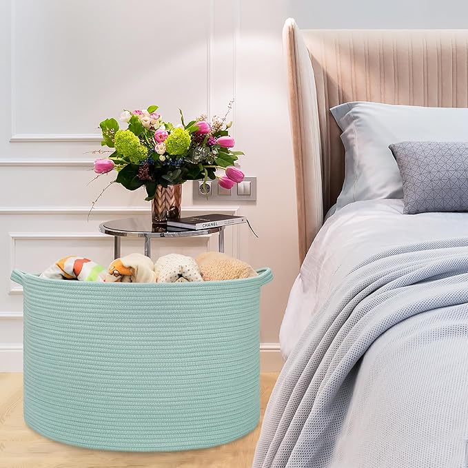 Extra Large Blanket Basket 87L, Laundry Hamper, Baby Nursery Hamper for Storage Toys Clothes Towels, Large Cotton Rope Laundry Basket for Girls Boys, 22”x 14”, Light Green