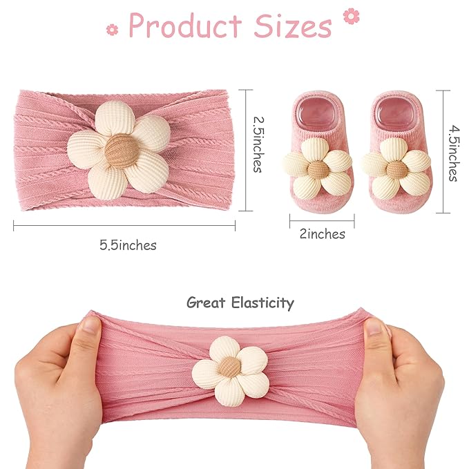 CÉLLOT Baby Girl Headband and Socks, Non-Slip Floral Socks and Soft Floral Nylon Hairbands for Babies Infants and Toddlers