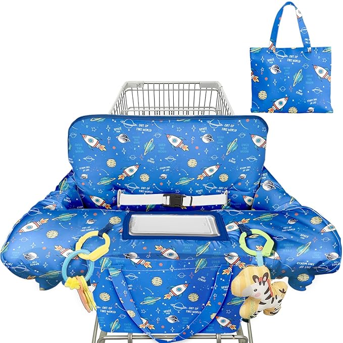 Shopping Cart Cover for Baby Girl Boy 2-in-1 High Chair Water Resistant High Chair Cover Blue Space Rocket Gender Neutral Cart Cover for Babies Padded Grocery Cart Cover for Baby