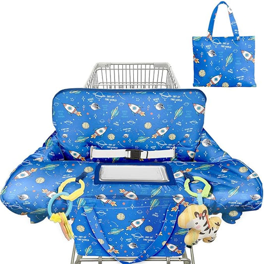 Shopping Cart Cover for Baby Girl Boy 2-in-1 High Chair Water Resistant High Chair Cover Blue Space Rocket Gender Neutral Cart Cover for Babies Padded Grocery Cart Cover for Baby