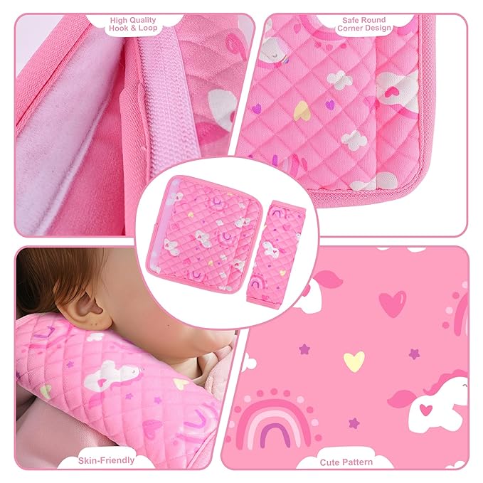 INFANZIA Car Seat Strap Covers for Infants Babies, Soft Carseat Shoulder Pads for Kids, Double-Sided Use Seatbelt Cushion Covers for Stroller, Pushchair & High Chair (Pink)