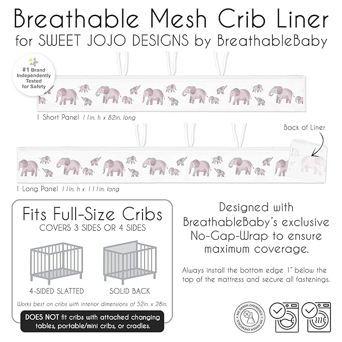 Sweet Jojo Designs + BreathableBaby 2-Piece Breathable Mesh Crib Liner Set (Watercolor Elephants) for Boys/Girls, Baby, Infants/Newborn Nursery (Grey, Jungle, Safari, Mom and Child Elephant, Tropical)
