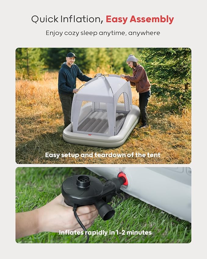QPAU Inflatable Toddler Travel Bed with Tent, Baby Crib Tent, Portable Kids Air Mattress with Safety Bumpers, Ideal for Home, Grandma's, Camping, Traveling -Includes Fast Electric Pump (Grey)
