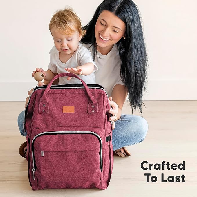 KeaBabies Baby Diaper Bag Backpack - Large Baby Bag for Boys, Girls, Waterproof Multi Function Travel Diaper Backpack with Changing Pad, Durable Travel Essentials for Moms and Dads (Rustic Red)