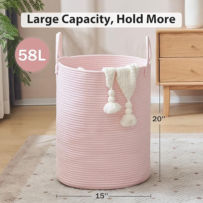 YOUDENOVA Laundry Hamper Basket, Woven 58L Tall Laundry Basket for Blanket Organizer- Nursery Hamper for Bedroom And Bathroom Storage