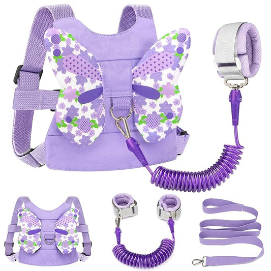 Accmor Toddler Harness Leash + Anti Lost Wrist Link, Kids Butterfly Harnesses With Children Leashes, Cute Baby Leash Walking Assistant Wristband Strap Tether for Girls Outdoor (Purple)