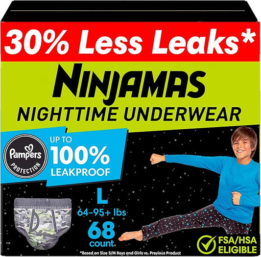 Ninjamas Boys Bedwetting Nighttime Underwear, Size L Pull Ups for Boys (64-95+ lbs), 68 Count, Training Pants, Overnight Underwear Kids, Ultra Absorbent, Hypoallergenic