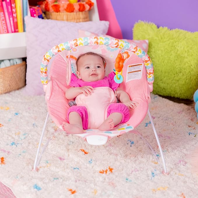 Bright Starts Baby Bouncer Soothing Vibrations Infant Seat - Removable -Toy Bar, Nonslip Feet, 0-6 Months Up to 20 lbs (Fancy Fantasy, Pink Unicorn)