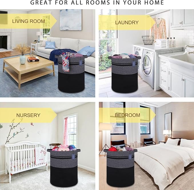 COMSE Extra Large Blanket Basket, Tall Laundry Basket, Nursery Hamper, 15.7”x 21.7”, Cotton Rope Woven Laundry Hamper for Storage Toys Clothes Towels, Black