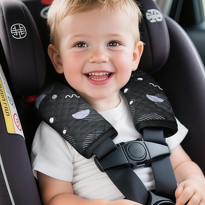 INFANZIA Car Seat Strap Covers for Infants Babies, Soft Carseat Shoulder Pads for Kids, Double-Sided Use Seatbelt Cushion Covers for Stroller, Pushchair & High Chair (Black)