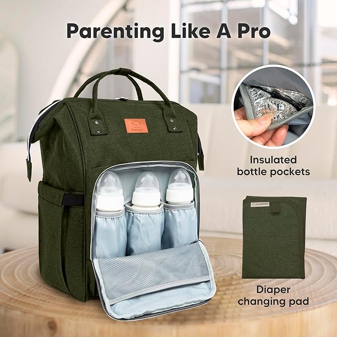 KeaBabies Baby Diaper Bag Backpack - Large Baby Bag for Boys, Girls, Waterproof Multi Function Travel Diaper Backpack with Changing Pad, Durable Travel Essentials for Moms and Dads (Dark Olive)