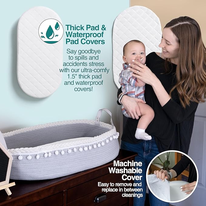 Baby Changing Basket - Portable Changing Pad for Dresser - Foldable Moses Basket for Babies - Includes Thick Pad, Felt Letter Board, Waterproof Pad Covers, Fleece Blanket, Cotton Carry Bag