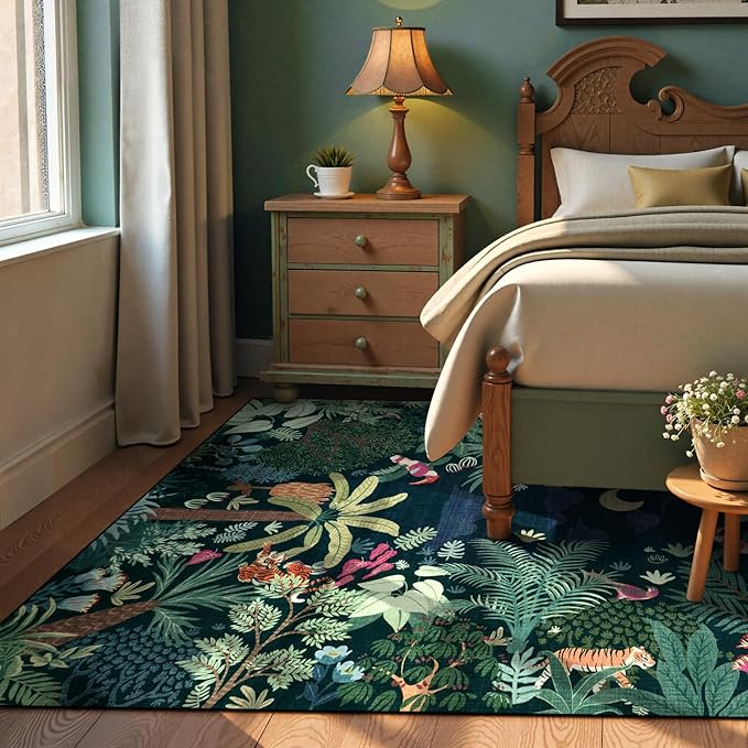 LIVEBOX Washable Jungle Dark Green Rug 5x7 for Living Room, Non-Slip Kids Bedroom Aesthetic Rug for Boy Play Room, Soft Stain Resistant Botanical Rugs for Nursery Dining Decor