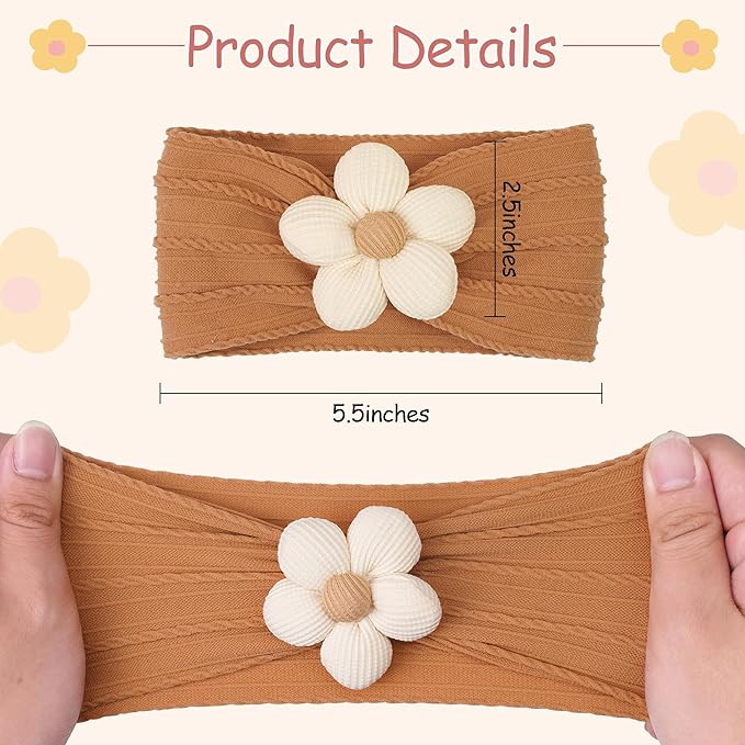 CÉLLOT 3 Pcs Baby Flower Headbands Baby Girls Nylon Headbands Soft Stretchy Headwear Hair Accessories for Newborn Infant Toddler Kids (Beige Ginger Khaki)
