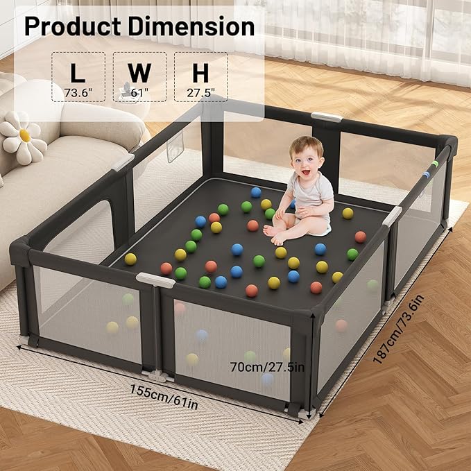 Foldable Playpen for Babies and Toddlers with Mat, 73" x 61" Playard for Indoor & Outdoor, Baby Play Pen with Soft Breathable Mesh, Pull-Link and Ocean Balls, Black