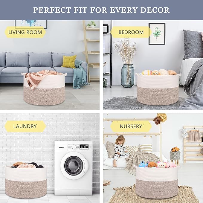 Extra Large Blanket Basket 87L, Laundry Hamper, Baby Nursery Hamper for Storage Toys Clothes Towels, Large Cotton Rope Laundry Basket for Girls Boys, 22”x 14”, White & Brown