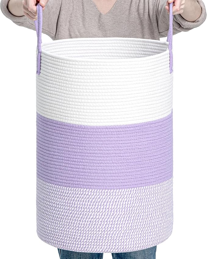 CLHMILY&Z 60L Laundry Basket Round Storage Rope Basket - 15x20.5 Inches - Lavender Hamper in Bedreoom and Cute Storage Bin for Blankets, Toys, and Nursery Essentials